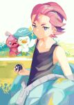  1girl :&lt; bright_pupils closed_mouth collarbone commentary_request dot_(pokemon) grey_eyes hair_pulled_back highres holding holding_tera_orb multicolored_hair pink_hair pokemon pokemon_(anime) pokemon_(creature) pokemon_horizons purple_hair quaxly shirt signature sleeveless sleeveless_shirt tank_top tera_orb tinkatink two-tone_hair uyumaru_art white_pupils zipper zipper_pull_tab 