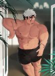  1boy absurdres akiha_gongen_(housamo) bandaid bandaid_on_face bandaid_on_nose bara black_hair black_shorts brown_eyes dark-skinned_male dark_skin facial_hair goatee highres horns large_pectorals leaning_on_object looking_to_the_side male_focus multicolored_hair muscular muscular_male official_alternate_costume pectorals scar scar_on_arm short_hair shorts sideburns single_horn solo t-ryu thick_eyebrows tokyo_afterschool_summoners topless_male two-tone_hair variant_set white_hair 