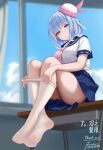  1girl absurdres blue_eyes blue_hair blue_sailor_collar blue_skirt blurry blurry_background blush clothes_pull commentary_request commission desk fanteam feet from_below haiyi highres knees_up legs legs_up light_blue_hair looking_at_viewer necktie on_desk pantyhose pantyhose_pull pink_necktie pleated_skirt sailor_collar school_desk school_uniform sitting skirt smile soles solo synthesizer_v thank_you thighs toes undressing vocaloid white_pantyhose 
