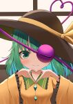  1girl absurdres black_hat blush buttons close-up closed_mouth colored_eyelashes commentary diamond_button eyelashes frilled_shirt_collar frilled_sleeves frills green_eyes green_hair hands_up hat hat_ribbon heart heart_hands heart_of_string highres indoors koishi_day komeiji_koishi long_sleeves looking_at_viewer medium_hair one_eye_covered ribbon shirt smile solo straight-on third_eye touhou tsurime user_uenp8737 wide_sleeves window yellow_ribbon yellow_shirt 