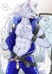 5_fingers abs absurd_res anthro belt biped blue_eyes canid canine canis claws fangs fingers fur grey_body grey_fur hair hi_res juutton long_hair male mammal mirror muscular muscular_anthro muscular_male navel open_mouth pretty_cure question_mark solo teeth white_hair wolf wolfrun 