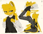  anthro cigarette clothed clothing domestic_cat felid feline felis female fur grin lemon_(page) mammal multiple_poses page_(artist) pose prosthetic prosthetic_limb shirt simple_background sitting smile solo topwear white_background yellow_body yellow_fur 