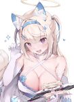  1girl :d absurdres animal_ear_fluff animal_ears blonde_hair breasts censored character_censor clothes_pull dog_ears elbow_gloves fuwawa_abyssgard gloves hair_ornament hairclip halo hand_up highres hololive hololive_english large_breasts mococo_abyssgard multicolored_hair namiorii novelty_censor pulled_by_self red_eyes shirt_pull smile solo streaked_hair white_gloves 