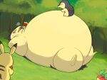  ambiguous_gender belly berry big_belly blush bodily_fluids cyndaquil eating eating_food feral food fruit generation_1_pokemon generation_2_pokemon group hi_res lying morbidly_obese morbidly_obese_feral nintendo obese obese_feral on_back outside overweight overweight_feral pikachu plant pokemon pokemon_(species) standing sweat sweatdrop tree trio typhlosion zephy_03 
