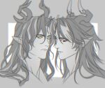  2boys antlers arknights brothers chong_yue_(arknights) closed_mouth commentary_request dragon_boy dragon_horns grey_background horns jjeobjjeobdogta_(wjqwjqehrxk) korean_commentary long_hair looking_at_viewer male_focus multicolored_hair multiple_boys pointy_ears portrait red_eyes siblings simple_background spot_color streaked_hair white_background yellow_eyes zhi_(arknights) 