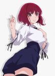  1girl arima_kana ass black_thighhighs blue_shorts breasts collared_shirt hands_up highres kuroudo_(mst06738124mst) large_breasts long_sleeves oshi_no_ko red_eyes red_hair shirt shirt_tucked_in short_hair shorts simple_background smile solo thighhighs white_background white_shirt 