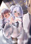  3girls absurdres apron aqua_eyes ass black_gloves blonde_hair blurry blush bodysuit breasts brown_eyes brown_hair cameltoe closed_mouth covered_navel dress feet foot_focus gloves headdress headwear_request heart heart-shaped_pupils highres indoors long_hair long_sleeves looking_at_another looking_at_viewer maid maid_headdress mashiropp medium_breasts mirror multiple_girls navel nipples no_shoes one-piece_swimsuit open_mouth original pantyhose pussy see-through small_breasts smelling soles standing standing_on_one_leg sweat swimsuit symbol-shaped_pupils thighhighs toes twintails uniform wet wet_clothes wet_swimsuit white_apron white_bodysuit white_hair white_pantyhose 