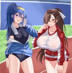  2girls absurdres alternate_costume blue_eyes blue_hair blurry blurry_background brand_of_the_exalt breasts brown_eyes brown_hair buruma covered_nipples cowboy_shot depth_of_field fire_emblem fire_emblem_awakening fire_emblem_fates gym_uniform hair_between_eyes hair_over_one_eye hairband highres huge_breasts jacket kagero_(fire_emblem) long_hair looking_at_viewer lucina_(fire_emblem) medium_breasts multiple_girls open_mouth outdoors ponytail running_track rynn_(darknescorez) see-through smile sweat towel track_and_field track_jacket track_uniform wet wet_clothes wiping_sweat 