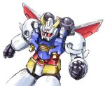  aniki_gunsou clenched_hand gangaru horns leaning_forward mecha mechanical_wings mobile_force_gangaru no_humans robot science_fiction solo white_background white_eyes wings 