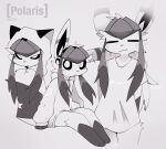  absurd_res anthro blush blush_lines clothing cute_expression ears_up eeveelution fan_character fur fur_markings generation_4_pokemon glaceon grey_hair hair hands_behind_back hi_res hooded hoodie long_hair markings monochrome nintendo pokemon pokemon_(species) polaris_(charcter) satori_(verfyhi) shaded shirt silver_hair simple_background simple_eyes simple_shading sitting smug standing striped_markings stripes t-shirt topwear video_games white_body white_fur 