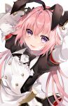  1boy absurdres astolfo_(fate) astolfo_(saber)_(fate) astolfo_(saber)_(third_ascension)_(fate) black_gloves crossdressing fate/grand_order fate_(series) gloves hair_intakes highres long_hair looking_at_viewer male_focus multicolored_hair open_mouth otoko_no_ko pink_hair purple_eyes skirt solo white_hair 