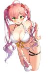  1girl :d absurdres ahoge ama_rei bare_shoulders bikini breasts cleavage flower green_eyes halterneck hand_on_hip highres hololive large_breasts long_hair looking_at_viewer pink_hair sakura_miko simple_background smile solo swimsuit thighs twintails virtual_youtuber wet white_background white_bikini 
