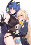  2girls absurdres alternate_costume animal_ear_headphones animal_ears bikini black_bikini blonde_hair blue_hair blush cosplay costume_switch cowboy_shot fake_animal_ears girls&#039;_frontline gloves green_eyes headphones highres hug k11_(girls&#039;_frontline) leotard multiple_girls ohichi16 one_side_up open_clothes purple_eyes see-through shirt short_shorts shorts side_ponytail swimsuit tmp_(girls&#039;_frontline) v white_shirt 