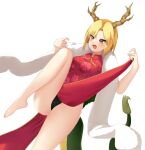  1girl antlers barefoot blonde_hair china_dress chinese_clothes doge_(jkdoge) dragon_girl dragon_horns dragon_tail dress highres horns kicchou_yachie red_dress red_eyes short_hair tail touhou touhou_lostword turtle_shell yellow_horns 