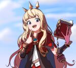  1girl azmira1534815 blonde_hair blue_eyes blue_sky book cagliostro_(granblue_fantasy) cape finger_to_cheek granblue_fantasy hairband highres holding holding_book long_hair open_mouth outdoors sky solo spiked_hairband spikes upper_body 
