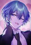  1boy aida_karasu black_necktie blue_eyes blue_hair chromatic_aberration collared_shirt commentary_request ear_bar earrings hair_between_eyes half-closed_eye hand_up highres jacket jewelry kaito_(vocaloid) male_focus necktie one_eye_closed open_clothes open_jacket outline piercing pink_background portrait shirt short_hair solo stud_earrings suit tongue tongue_out tongue_piercing vocaloid white_outline 