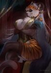  anthro big_breasts breasts clothed clothing crossed_arms crossed_legs felid female fur hervy_(uchoa) hi_res juliathedragoncat mammal pantherine solo teeth text tiger 