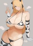  1girl animal_ears animal_print bikini black_collar blonde_hair breasts closed_mouth collar commentary cow_ears cow_horns cow_print cow_print_bikini curvy cynthia_(pokemon) elbow_gloves gloves grey_background grey_eyes hair_ornament hair_over_one_eye hand_up highres horns large_breasts long_hair looking_at_viewer micro_bikini navel pokemon print_bikini simple_background skindentation solo stomach swimsuit tatsu_(user_rjes8545) thighhighs very_long_hair w 