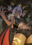  1girl black_sclera black_shorts black_thighhighs colored_sclera commentary cropped_shirt dark-skinned_female dark_skin demon_girl demon_wings eyelashes from_below grey_hair hair_between_eyes hair_intakes hand_up highres kouhiipan looking_at_viewer medium_hair navel original pink_eyes sharp_teeth shiny_clothes shiny_skin short_shorts shorts skindentation slit_pupils smile smirk solo stomach tail tan teeth thighhighs two_side_up wings 