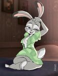  2022 anthro bed breasts clothed clothing disney ears_up female full-length_portrait furniture green_clothing green_shirt green_topwear judy_hopps lagomorph leporid looking_at_viewer looking_back looking_back_at_viewer mammal nipple_slip nipples on_bed one_eye_closed open_clothing open_mouth open_shirt open_smile open_topwear portrait purple_eyes rabbit rear_view shirt sickbelle smile solo tired topwear zootopia 