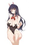  1girl absurdres animal_ears aqua_pupils atorosu black_hair bow closed_mouth collarbone covered_navel covered_nipples fake_animal_ears grey_background highres long_hair looking_at_viewer original red_bow red_eyes simple_background sketch skindentation solo 