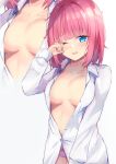  1girl blue_eyes blunt_bangs breasts commentary_request go-toubun_no_hanayome hair_down highres large_breasts long_sleeves looking_at_viewer medium_hair nakano_nino open_mouth panties partially_unbuttoned pink_hair purple_panties rubbing_eyes underwear waking_up white_background yuzuki4no zoom_layer 