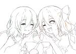  2girls closed_eyes flandre_scarlet hair_ribbon heart heart_hands heart_hands_duo highres komeiji_koishi medium_hair miya_(user_zsjh8384) monochrome multiple_girls one_eye_closed open_mouth puffy_sleeves ribbon simple_background sketch smile touhou upper_body white_background 