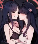  2girls :o absurdres asymmetrical_docking beret black_background black_bra black_hair blue_archive blush bra breast_press breasts face-to-face from_side grin hair_over_eyes halo hat highres ichika_(blue_archive) justice_task_force_member_(blue_archive) long_hair medium_breasts multiple_girls open_mouth red_eyes red_halo smile tananne trinity_general_school_logo underwear upper_body white_bra yuri 