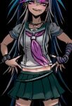  1girl asymmetrical_legwear black_background black_hair blue_hair breasts collarbone commentary_request cowboy_shot danganronpa_(series) danganronpa_2:_goodbye_despair ear_piercing green_skirt hair_horns hand_on_own_hip highres jewelry lip_piercing long_hair looking_at_viewer mioda_ibuki mismatched_legwear multicolored_hair neckerchief necklace open_mouth piercing pink_eyes pink_hair pink_neckerchief pleated_skirt school_uniform serafuku shirt short_sleeves skirt smile solo thighhighs white_hair youko-shima 