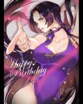  1girl black_hair blue_eyes boa_hancock breasts choker cleavage collarbone commentary cowboy_shot dated dress earrings emase_(foxmoon) floating_hair happy_birthday highres jewelry light_smile long_hair one_piece pointing pointing_at_viewer side_slit signature sleeveless sleeveless_dress snake_earrings solo symbol-only_commentary very_long_hair 