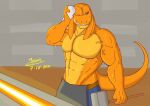  4_ears abs anthro bangaa biceps bodily_fluids drying drying_body final_fantasy grin hammer locke_(spoongod) male multi_ear muscular muscular_male one_eye_closed orange_body pecs piercing sign simple_background smile solo spoongod square_enix sweat tools video_games wiping_forehead wiping_sweat 