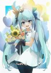  1girl absurdres bag black_bow black_ribbon black_skirt black_thighhighs blue_eyes blue_hair bouquet bow collarbone cowboy_shot dress hair_between_eyes hair_bow hatsune_miku highres holding holding_bouquet long_hair looking_at_viewer miniskirt mizuha_(251572640) neck_ribbon open_mouth pleated_skirt ribbon short_dress short_sleeves skirt skirt_under_dress solo standing thighhighs twintails very_long_hair vocaloid white_dress 