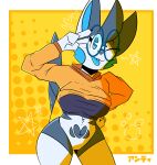  &lt;3 2022 4_fingers absurd_res anthro blue_body blue_cheeks blue_eyes blue_fur blue_pupils blue_tongue border chiro_(skweekers) clothing crop_top_hoodie curvy_figure dotted_background emolga featureless_crotch female fingers front_view fur generation_5_pokemon gesture grey_body grey_fur grey_hair hair hand_on_hip heart_(marking) hi_res hoodie hourglass_figure looking_at_viewer nintendo one_eye_closed orange_clothing orange_crop_top orange_hoodie orange_topwear pattern_background pie_cut_eyes pokemon pokemon_(species) pose pupils purple_clothing purple_sweater purple_topwear simple_background skweekers solo star sweater tongue tongue_out topwear v_sign video_games white_body white_border white_fur 