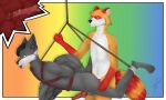  anthro archie_the_raccoon bdsm bondage bound canid canine canis duo hi_res male male/male mammal negima_play restraints rope rope_bondage rope_harness rory_vwv rosko wolf 