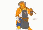  4_ears 5_fingers anthro apron armor bangaa belt blacksmith bottomwear clothing final_fantasy fingers greaves hammer locke_(spoongod) male multi_ear muscular muscular_male orange_body pants pouch_(disambiguation) shirt simple_background solo spoongod square_enix tools topwear vein video_games warhammer white_background 