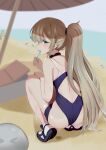  1girl ass bangs bare_arms bare_shoulders beach black_choker blue_eyes blue_one-piece_swimsuit blush choker fate_(series) food from_behind full_body holding holding_food long_hair lord_el-melloi_ii_case_files ocean outdoors ponytail reines_el-melloi_archisorte shiny shiny_hair shoes swimsuit teeth xinmo_sana 