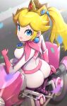  1girl absurdres ass blonde_hair blue_eyes bodysuit breasts confetti crown earrings gloves gonzarez high_ponytail highres jewelry large_breasts lips long_hair mario_(series) mario_kart motor_vehicle motorcycle pearl_earrings pink_gloves pink_lips princess_peach sitting solo white_bodysuit 