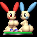  3d_(artwork) anthro black_background blue_eyes breast_grab breasts digital_media_(artwork) duo female generation_3_pokemon grass hand_on_breast hi_res minun nintendo nonotoys pinup plant plusle pokeball pokemon pokemon_(species) pose presenting raised_tail red_eyes short_stack simple_background smile tail yellow_body 