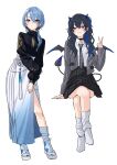  2girls black_collar black_hair black_shirt black_skirt blazer blue_eyes blue_hair blue_horns blue_nails blue_skirt blue_tail blue_wings boots closed_mouth collar collared_shirt crossed_legs demon_girl demon_horns demon_tail demon_wings dress_shirt earrings gradient_horns gradient_skirt gradient_tail gradient_wings grey_jacket grey_necktie grin hair_between_eyes hair_over_shoulder highres hololive horns hoshimachi_suisei hoshimachi_suisei_(oriental_suit) houndstooth ichinose_uruha ichinose_uruha_(6th_costume) invisible_chair jacket jewelry leaning_forward long_hair long_skirt long_sleeves looking_at_viewer loose_socks low_ponytail mini_wings miniskirt multicolored_hair multicolored_horns multicolored_wings multiple_girls nail_polish necktie nisi_ki_no official_alternate_costume open_clothes open_jacket pleated_skirt print_necktie puffy_long_sleeves puffy_sleeves purple_eyes school_uniform shirt side_slit simple_background sitting skirt smile socks standing streaked_hair tail tassel tassel_earrings toeless_footwear toenail_polish toenails two_side_up v virtual_youtuber vspo! white_background white_footwear white_shirt white_skirt white_socks wing_collar wings 