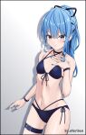  1girl :t absurdres bikini black_bikini black_choker blue_eyes blue_hair blue_nails bracelet breasts choker collarbone hair_ribbon hand_up high_ponytail highres hololive hoshimachi_suisei jewelry looking_at_viewer navel official_alternate_hairstyle pout ribbon small_breasts solo star_(symbol) star_in_eye sterben_(sterben_dead) stomach swimsuit symbol_in_eye thigh_strap virtual_youtuber 