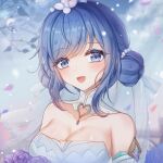  1girl :d bare_shoulders blue_eyes blurry blurry_background blush breasts cleavage collarbone crystal_rose_sona detached_sleeves double_bun flower hair_bun hair_flower hair_ornament heart highres large_breasts league_of_legends open_mouth petals portrait shiny_skin smile sona_(league_of_legends) veil vincente white_flower 