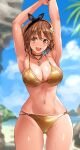  1girl :d armpits arms_up atelier_(series) atelier_ryza atelier_ryza_2 bangs black_choker black_hairband blurry blurry_background braid breasts brown_eyes brown_hair choker cleavage cloud daraz gold_bikini hairband highres jewelry key_necklace large_breasts navel necklace ocean open_mouth reisalin_stout shore short_hair smile solo sweat 