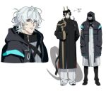  2boys arknights black_coat black_hair chong_yue_(arknights) closed_mouth coat commentary_request cropped_torso doctor_(arknights) dragon_boy dragon_horns dragon_tail facing_viewer full_body hair_bun hand_up hands_in_pockets hat_under_hood hood hood_down hooded_coat horns jjeobjjeobdogta_(wjqwjqehrxk) korean_commentary korean_text long_hair long_sleeves long_tail low_ponytail male_doctor_(arknights) male_focus multicolored_hair multiple_boys pants pointy_ears shoes short_hair simple_background smile standing streaked_hair tail translation_request white_background white_hair wide_sleeves 