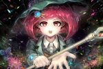  1girl :o black_background brown_vest bug butterfly collared_shirt danganronpa_(series) danganronpa_v3:_killing_harmony dress_shirt flower green_hat grey_shirt hair_ornament hat highres holding holding_staff jacket long_sleeves looking_at_viewer pink_flower red_eyes red_hair shirt short_hair skirt solo staff vest witch_hat youko-shima yumeno_himiko 