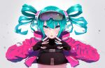  absurdres alternate_hairstyle angry aqua_eyes aqua_hair blue_gloves blush cropped_jacket drill_hair frilled_gloves frills gloves goggles goggles_on_head hatsune_miku headgear highres jacket kasoku_souchi open_clothes open_jacket pink_jacket sidelocks twin_drills twintails upper_body v-shaped_eyebrows vocaloid 