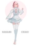  1girl :d alternate_costume blush bow brown_hair character_name collared_shirt danganronpa_(series) danganronpa_2:_goodbye_despair detached_sleeves grey_background hand_up highres kaworu_yu layered_skirt long_sleeves medium_hair nanami_chiaki open_mouth pink_bow pink_eyes shirt skirt smile solo spaceship_hair_ornament thighhighs white_background white_skirt white_thighhighs 