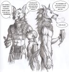  0laffson anthro canid canine clothed clothing duo hi_res human hyaenid hybrid male mammal maned_wolf monochrome nude striped_hyena traditional_media_(artwork) 