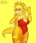  2021 anthro big_breasts blonde_hair blue_eyes bowser bowsette_meme bracelet breasts cleavage_cutout clothing collar crossgender crown digital_drawing_(artwork) digital_media_(artwork) dressuptober fangs female hair hi_res jewelry junkedart koopa leggings legwear leotard mario_bros meme monochrome nintendo portrait scalie shell smile solo spiked_bracelet spiked_collar spiked_hair_accessory spiked_shell spiked_tail spikes spikes_(anatomy) super_crown torn_clothing torn_leggings torn_legwear video_games yellow_body 