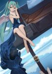  1girl 2022 aqua_hair bangs bare_legs barefoot blue_dress blue_ribbon breasts character_name chinese_commentary cleavage closed_mouth collarbone commentary_request dated dress dutch_angle green_eyes hair_between_eyes hair_ornament hatsune_miku highres instrument lco long_dress long_hair looking_at_viewer mixed-language_commentary piano raimeso235 reflection reflective_water revealing_clothes ribbon sideboob sleeveless sleeveless_dress small_breasts solo twintails very_long_hair vocaloid 