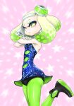  1girl ankle_boots black_footwear blonde_hair blue_dress boots breasts cosplay covered_navel cross-shaped_pupils crossed_arms detached_collar dress gloves gradient_hair green_hair green_pantyhose inkling koharu2.5 leg_up marie_(splatoon) marie_(splatoon)_(cosplay) medium_hair mole mole_under_mouth multicolored_hair object_on_head pantyhose pearl_(splatoon) short_dress small_breasts solo splatoon_(series) star_(symbol) starry_background suction_cups symbol-shaped_pupils tentacle_hair two-tone_hair white_gloves yellow_eyes 